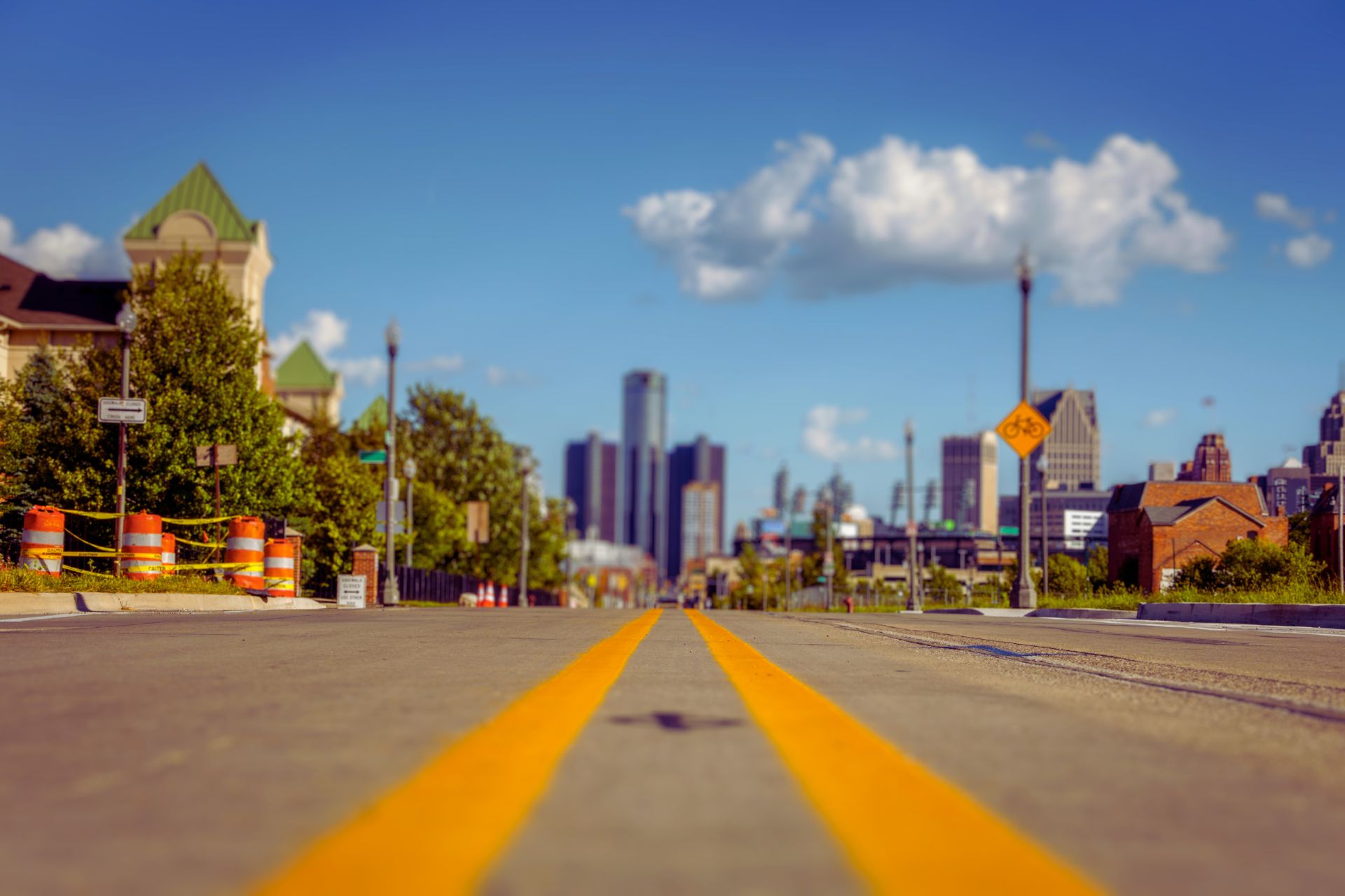 Decorative: Downtown Detroit with orange and white construction barrels